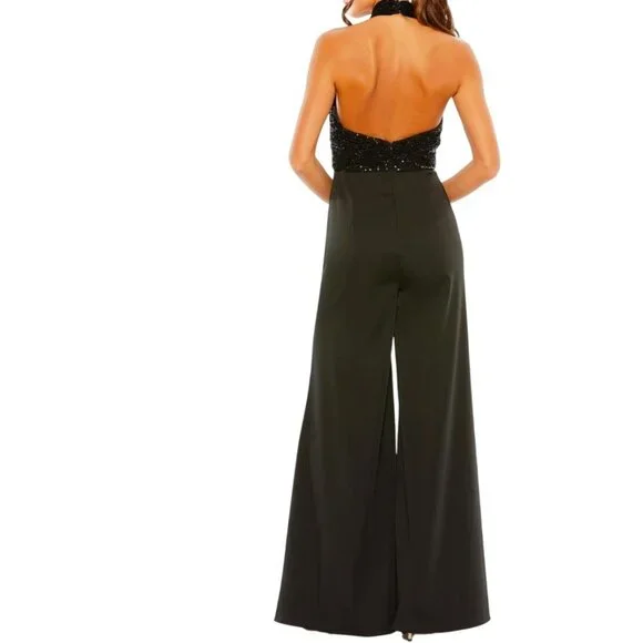 Mac Duggal Sequin Bodice Halter Wide Leg Formal Jumpsuit Open Back Size 6 NWT